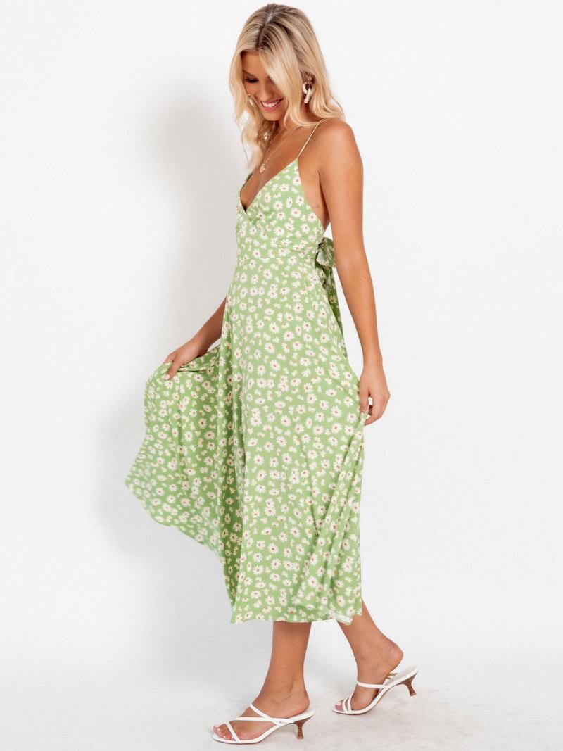 Vestidos Femininos Verão Com Estampa Floral Ditsy Vestido Balanço Praia - Verde Grama