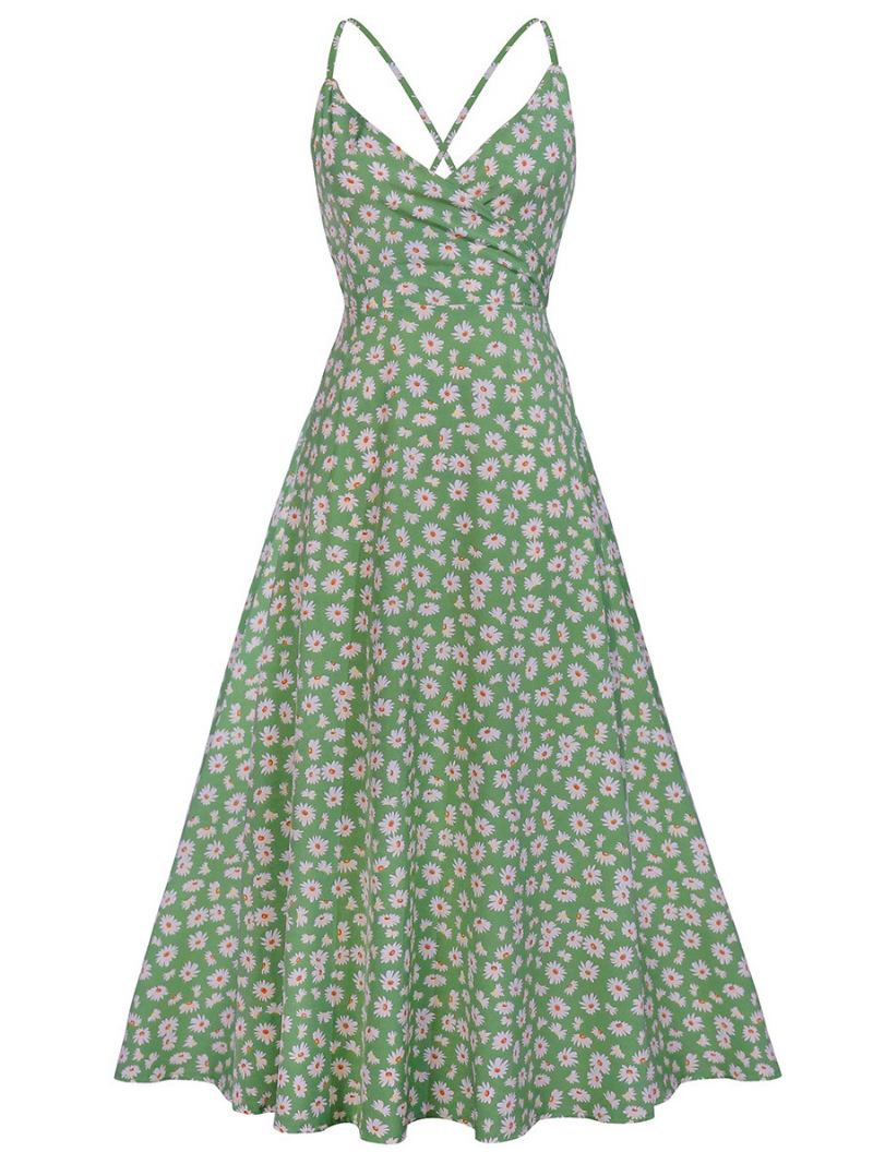 Vestidos Femininos Verão Com Estampa Floral Ditsy Vestido Balanço Praia - Verde Grama