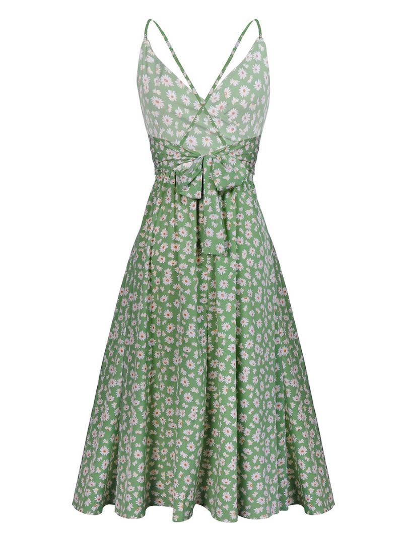 Vestidos Femininos Verão Com Estampa Floral Ditsy Vestido Balanço Praia - Verde Grama