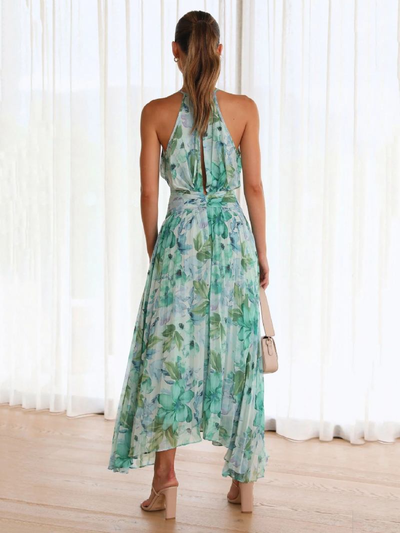 Vestidos Maxi Femininos Estampados Florais Sem Mangas Frente Única Elegante Em Camadas Plissadas Costas Longos Verão - Verde