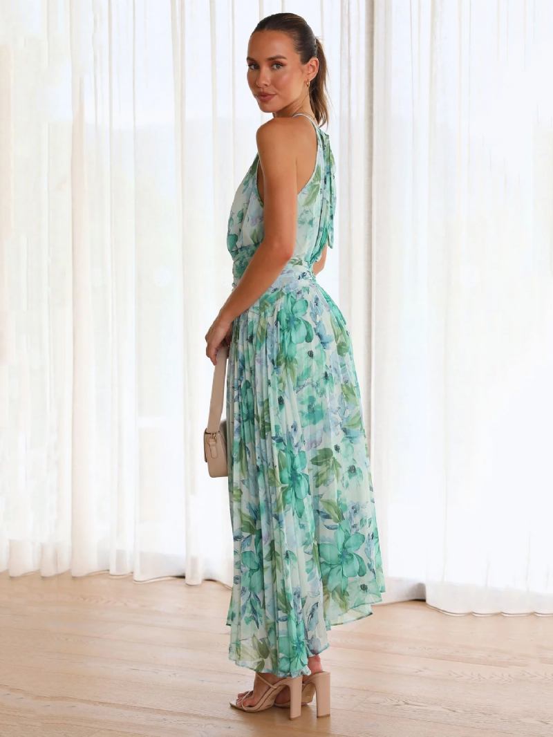 Vestidos Maxi Femininos Estampados Florais Sem Mangas Frente Única Elegante Em Camadas Plissadas Costas Longos Verão - Verde