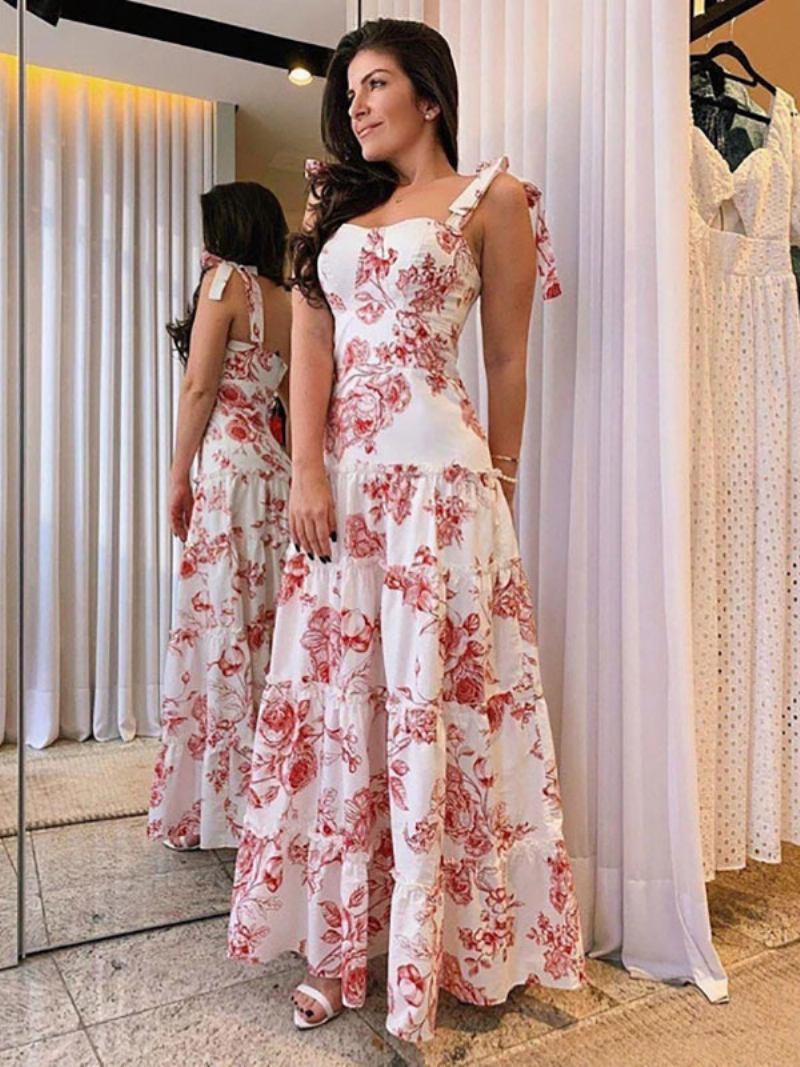 Vestidos Maxi Femininos Sem Mangas Com Estampa Floral Vermelha Alças No Pescoço Babados Em Camadas Vestido Longo Chiffon