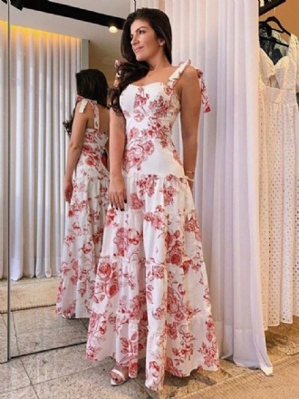 Vestidos Maxi Femininos Sem Mangas Com Estampa Floral Vermelha Alças No Pescoço Babados Em Camadas Vestido Longo Chiffon