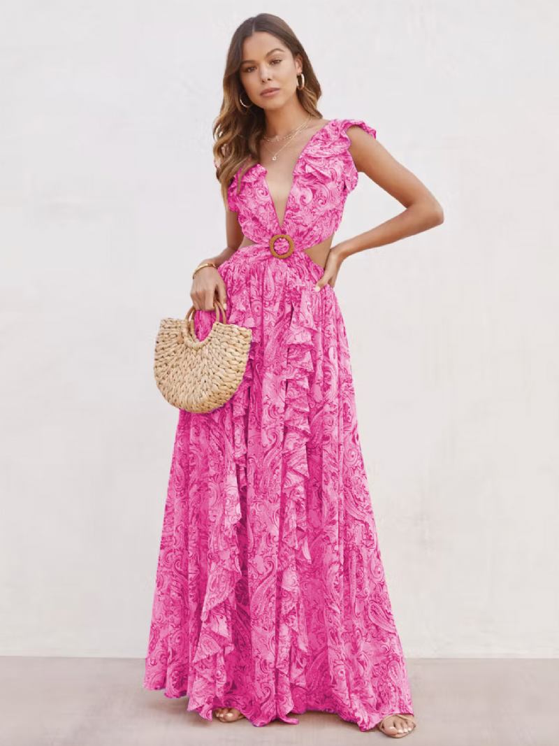 Vestidos Maxi Florais Femininos Em Camadas Babados Com Decote V Sem Mangas Costas Fenda Frontal Sexy Longos Verão - Rosa