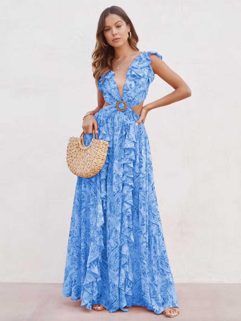 Vestidos Maxi Florais Femininos Em Camadas Babados Com Decote V Sem Mangas Costas Fenda Frontal Sexy Longos Verão - Azul