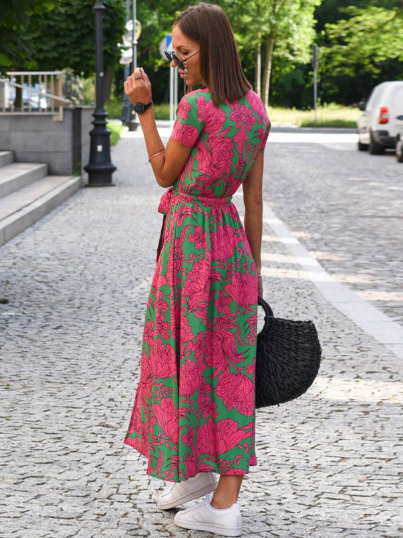 Vestidos Maxi Florais Femininos Estampados Rendas Com Decote Em V Mangas Curtas Fenda Frontal Casual Verão Longo - Rosa