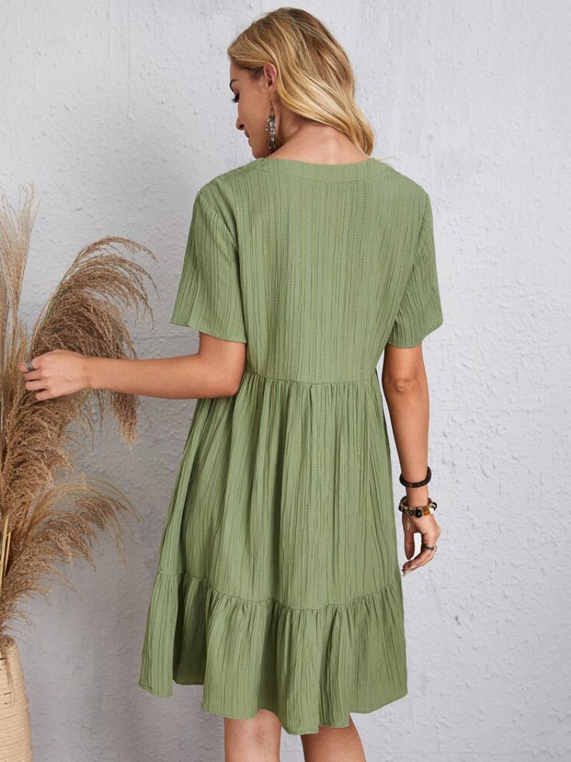 Vestido Boho Feminino Com Decote Em V E Mangas Curtas Verão Plissado - Verde