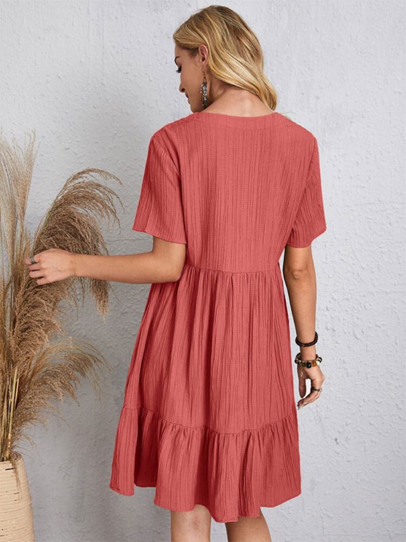 Vestido Boho Feminino Com Decote Em V E Mangas Curtas Verão Plissado - Vermelho