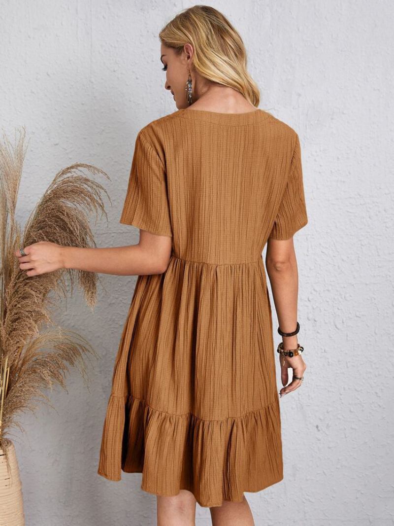 Vestido Boho Feminino Com Decote Em V E Mangas Curtas Verão Plissado - Castanho Café