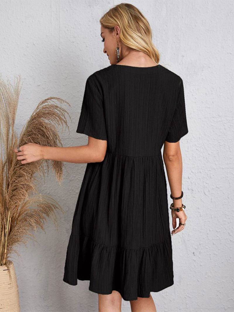 Vestido Boho Feminino Com Decote Em V E Mangas Curtas Verão Plissado - Preto