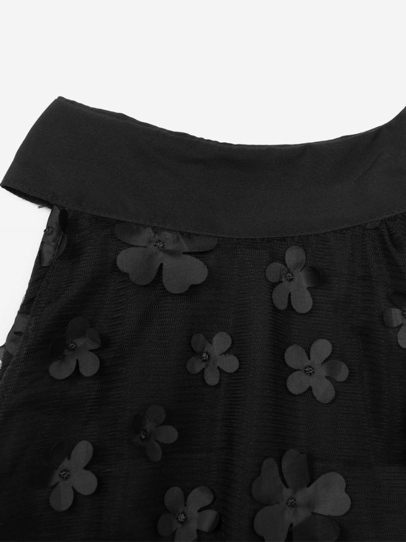 Vestido Feminino Shift Halter Floral Aplique Tule Dia Minivestidos - Preto