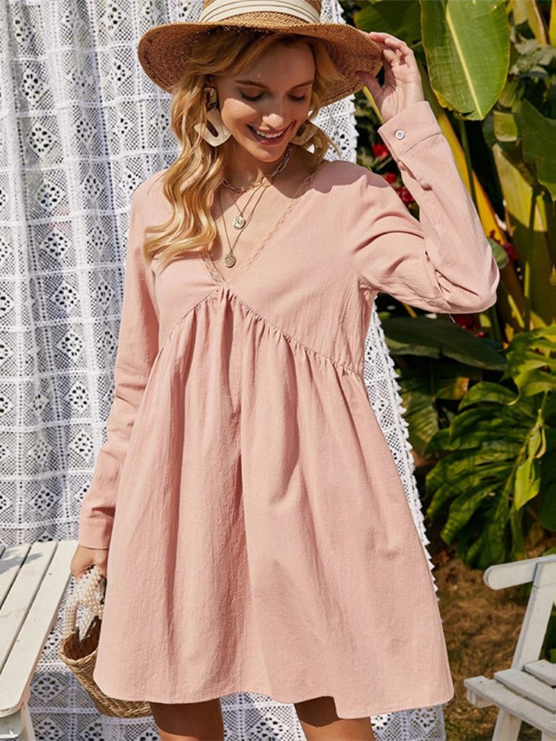 Vestido Túnica Feminino Com Decote Em V Costas Baixas Plissado Mangas Compridas Vestidos Curtos Casuais Para O Dia - Rosa