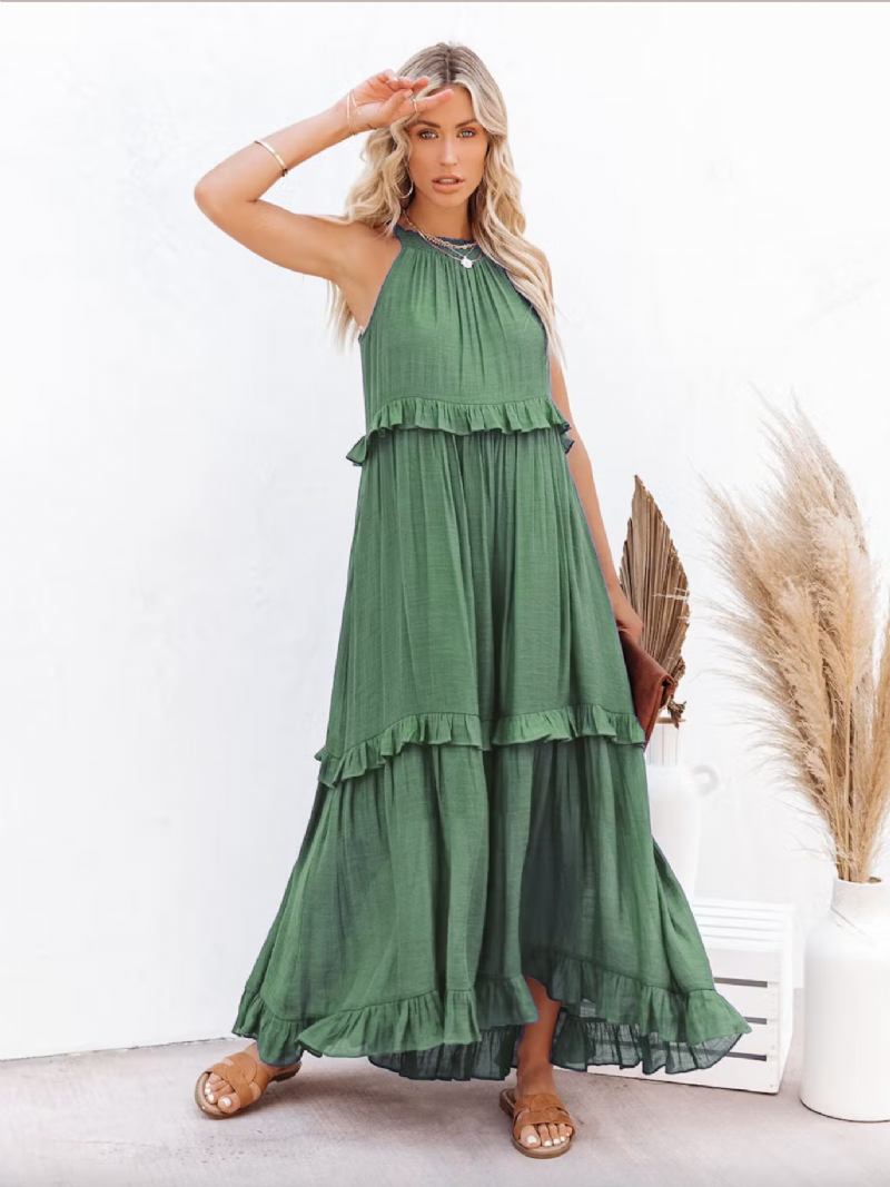 Vestidos Femininos Em Turnos Sem Mangas Boêmio Com Renda Gola Redonda Vestido Túnica Branca Camadas - Verde