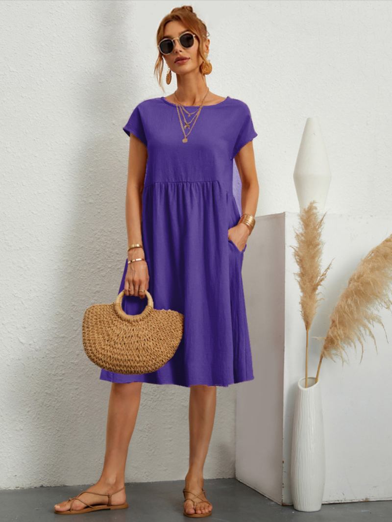 Vestidos Femininos Manga Curta Casual Com Gola Joia Vestido Túnica Verde Caçador - Roxo