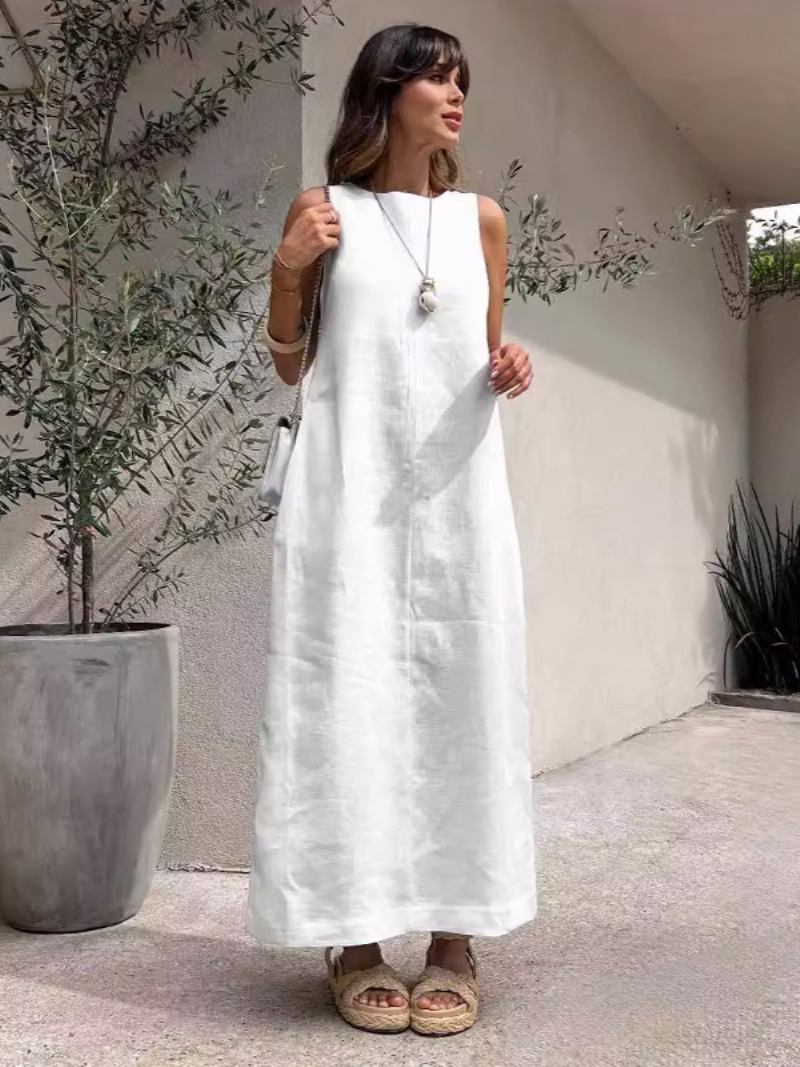 Vestidos Femininos Mudança Branco Gola Joia Frente Dividida Poliéster Tamanho Grande Vestido Túnica Encantador Para Adultos