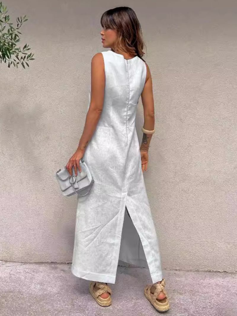 Vestidos Femininos Mudança Branco Gola Joia Frente Dividida Poliéster Tamanho Grande Vestido Túnica Encantador Para Adultos - Branco