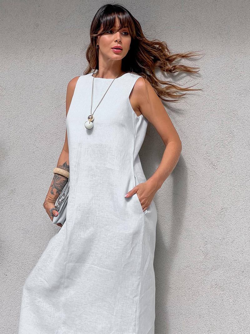 Vestidos Femininos Mudança Branco Gola Joia Frente Dividida Poliéster Tamanho Grande Vestido Túnica Encantador Para Adultos - Branco