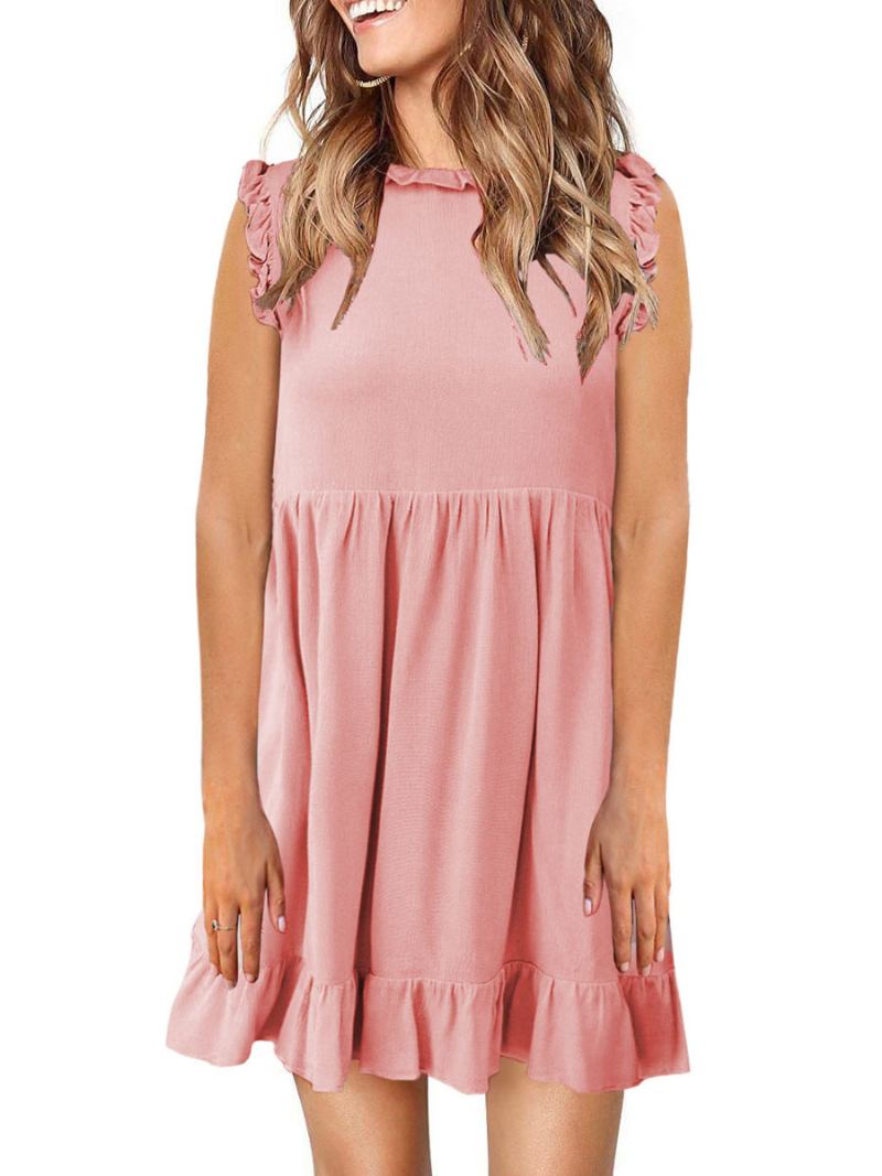 Vestidos Femininos Mudança Com Decote Em Joia Sem Mangas Babados Casuais Vestido Túnica Rosa Pastel Grande - Rosa