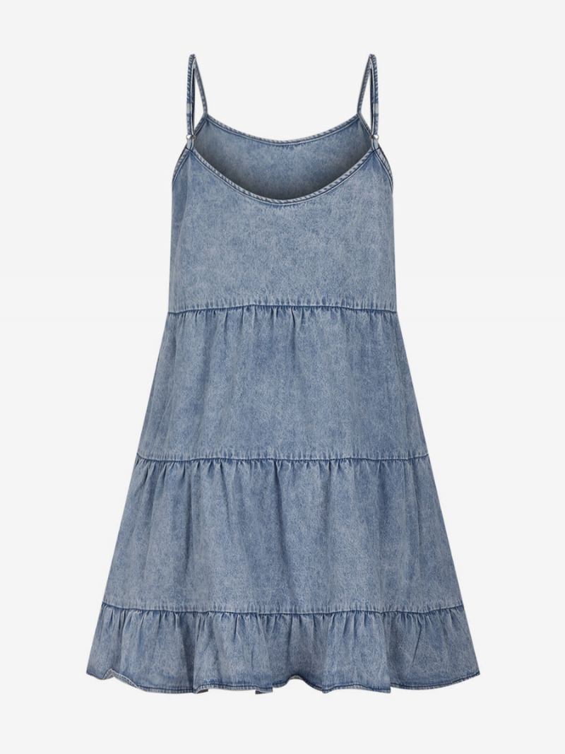 Vestidos Mudança Femininos Alças Finas Sem Mangas Cowboy Babados Tiras Pescoço Vestido Tubo Em Camadas Azul Bebê - Bebê Azul