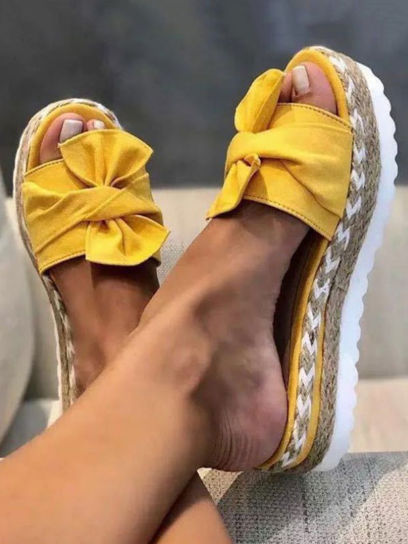 Chinelo Salto Feminino Marrom Aberto Dedo Do Pé Plano Deslizamento Em Terry Superior Mules - Amarelo