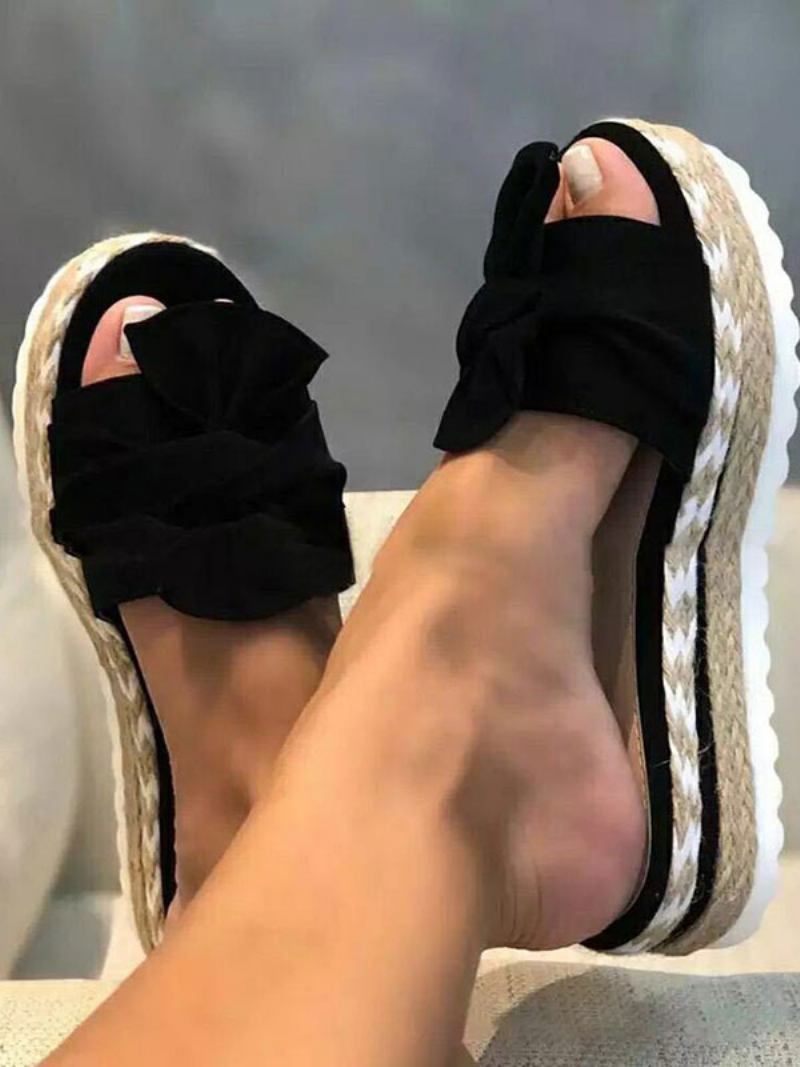 Chinelo Salto Feminino Marrom Aberto Dedo Do Pé Plano Deslizamento Em Terry Superior Mules - Preto