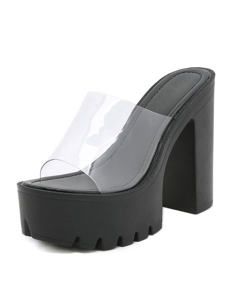 Chinelos Femininos Salto Grosso Em Pvc Superior Mules Marrom Café - Preto