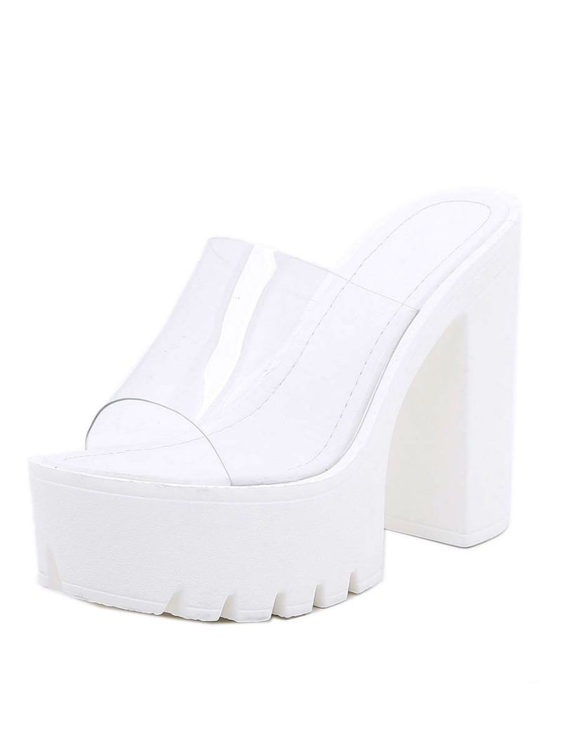 Chinelos Femininos Salto Grosso Em Pvc Superior Mules Marrom Café - Branco