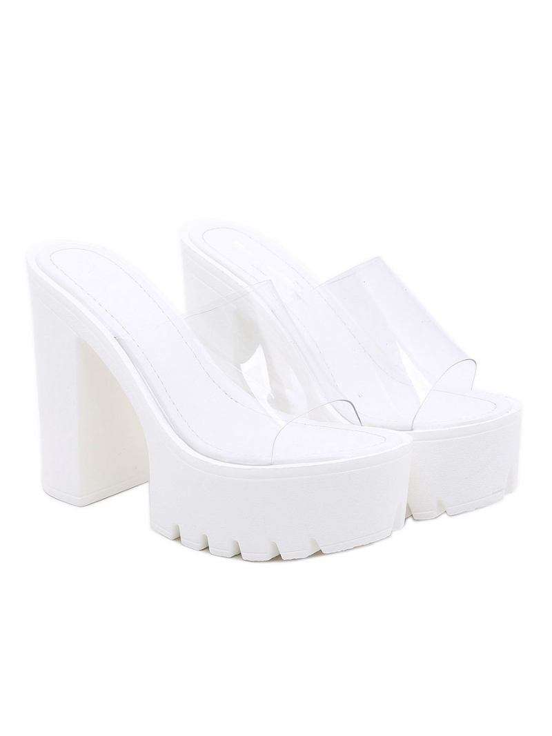 Chinelos Femininos Salto Grosso Em Pvc Superior Mules Marrom Café - Branco