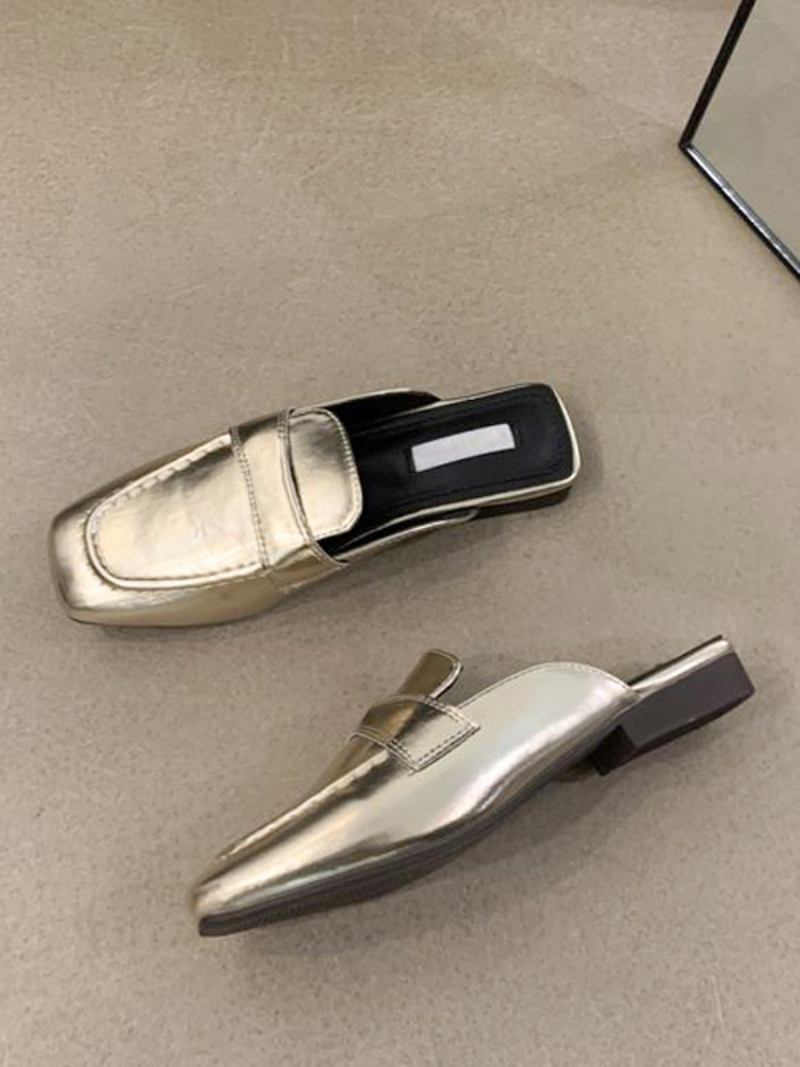 Mocassins Femininos Brancos Mules Com Bico Quadrado Sem Costas - Ouro Claro