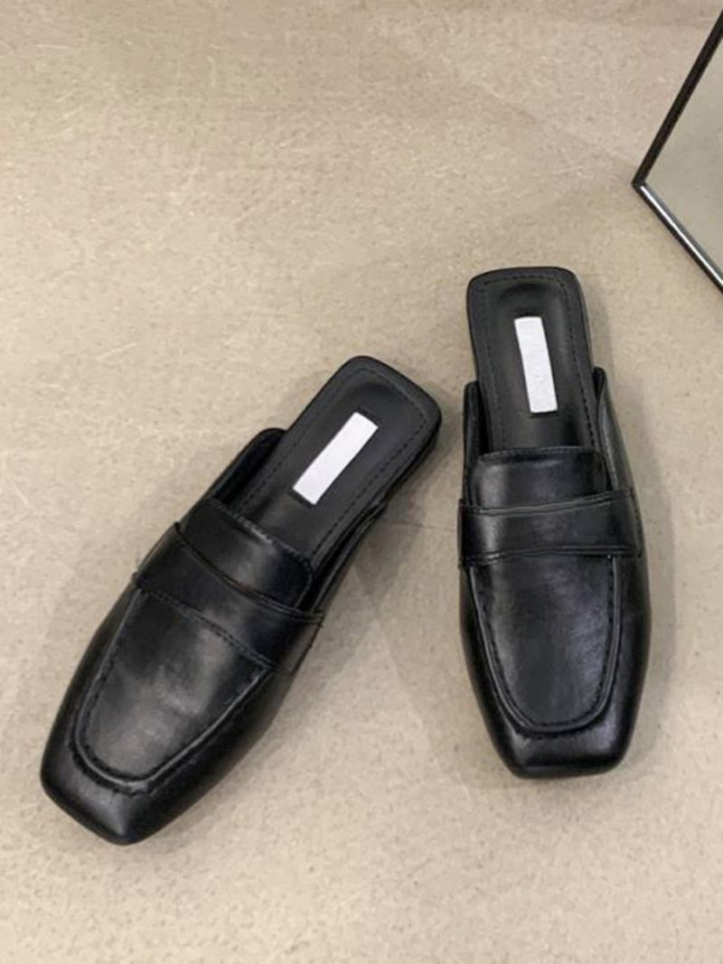 Mocassins Femininos Brancos Mules Com Bico Quadrado Sem Costas - Preto