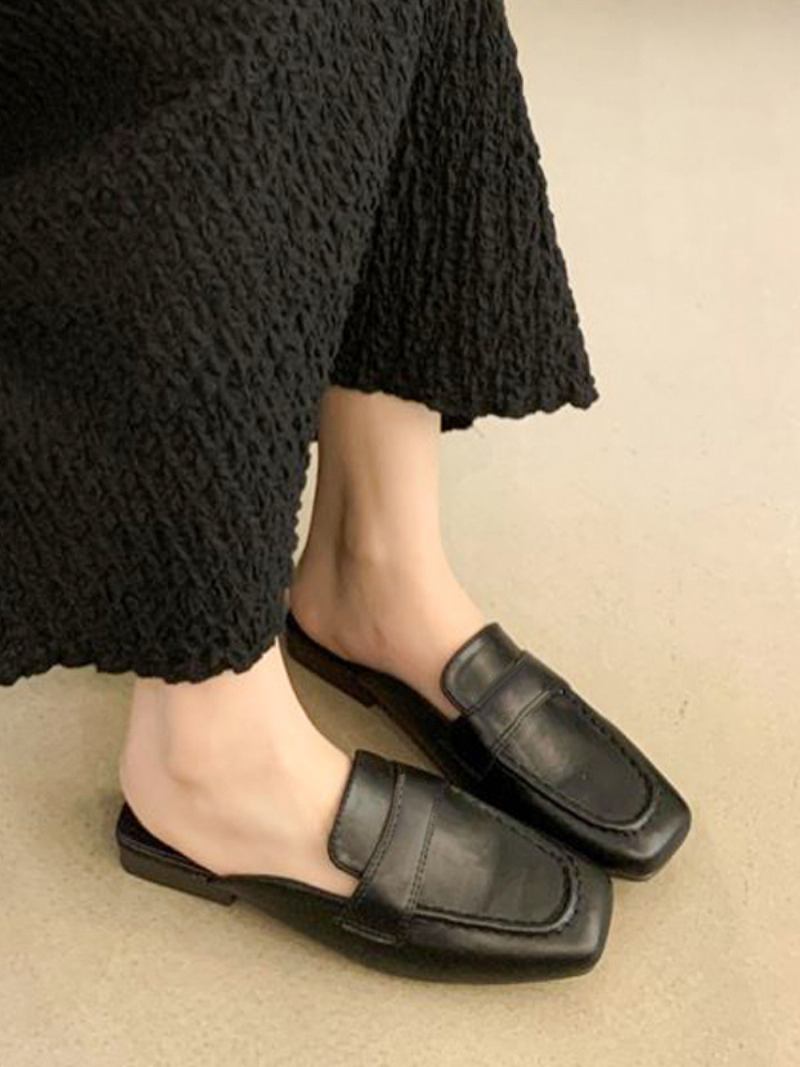 Mocassins Femininos Brancos Mules Com Bico Quadrado Sem Costas - Preto