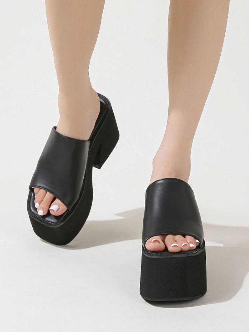 Mule Feminino Couro Pu Com Bico Aberto E Salto Grosso - Preto