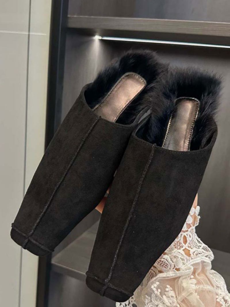 Mules Femininos Camurça Com Bico Quadrado E Sapatos Inverno - Preto