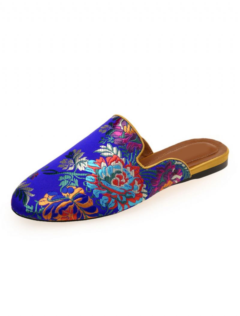 Mules Femininos Cetim Liso Com Bico Redondo E Bordado Floral - Azul