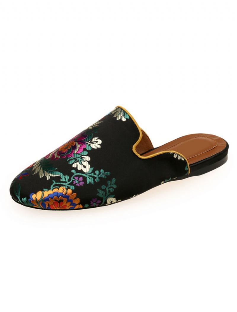 Mules Femininos Cetim Liso Com Bico Redondo E Bordado Floral - Preto