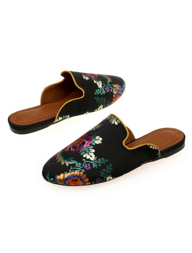 Mules Femininos Cetim Liso Com Bico Redondo E Bordado Floral - Preto