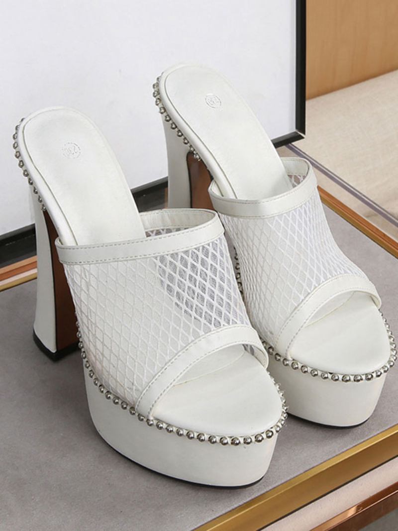 Mules Femininos Com Plataforma Malha Cravejada E Salto Grosso - Branco