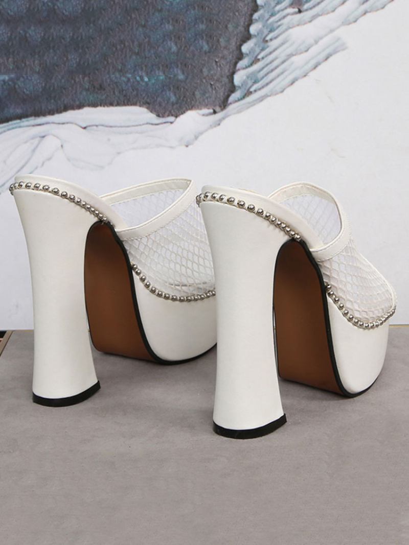 Mules Femininos Com Plataforma Malha Cravejada E Salto Grosso - Branco