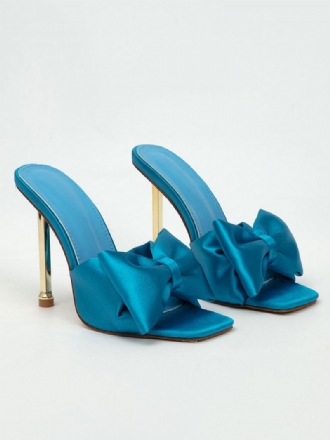 Mules Femininos Salto Alto Com Laço Stiletto Satin Upper Teal Heel