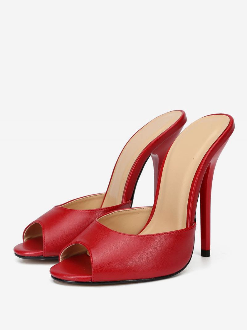 Salto Agulha Feminino Peep Toe Mule Em Couro Vegano Vermelho