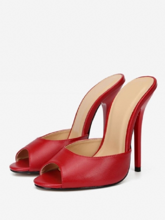 Salto Agulha Feminino Peep Toe Mule Em Couro Vegano Vermelho