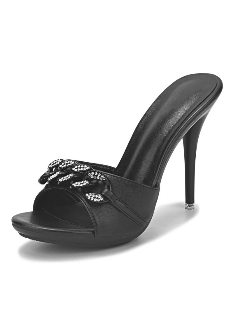 Salto Mule Feminino Com Correntes Strass - Preto