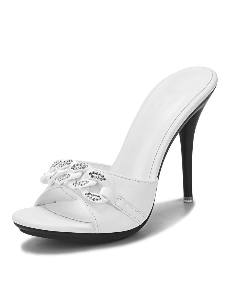 Salto Mule Feminino Com Correntes Strass - Branco