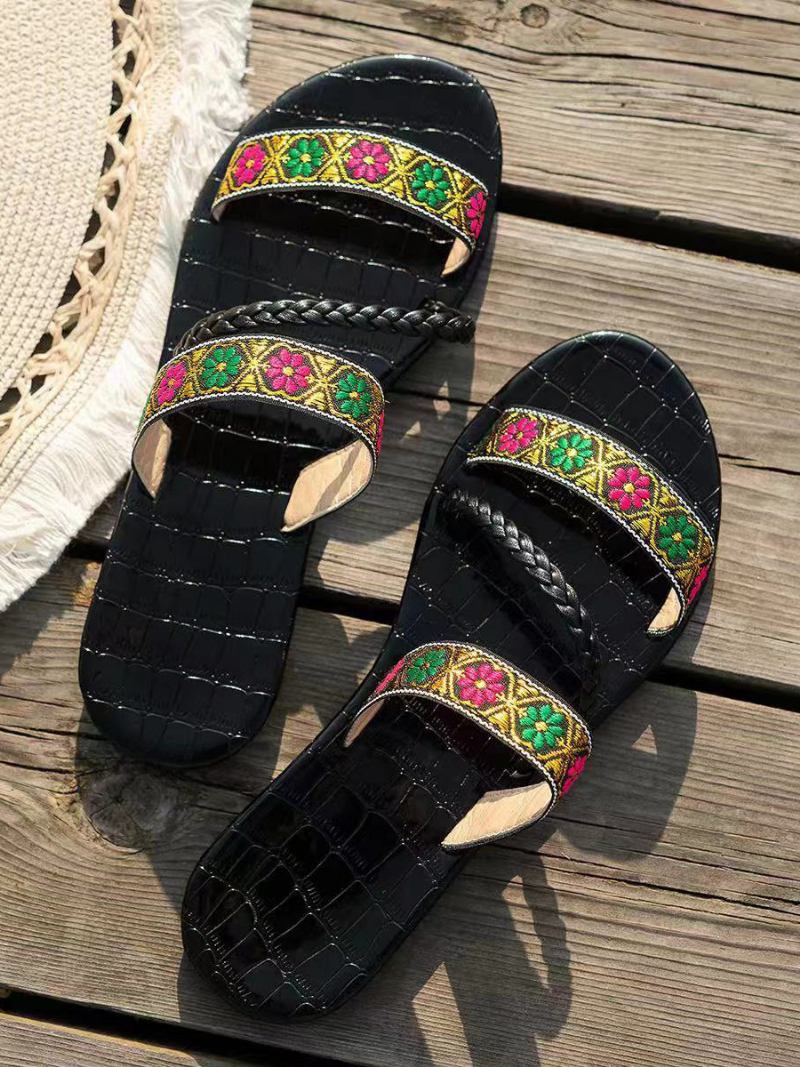 Sandália Boho Slides Mulheres Dedo Aberto Chinelos Praia Plana - Preto