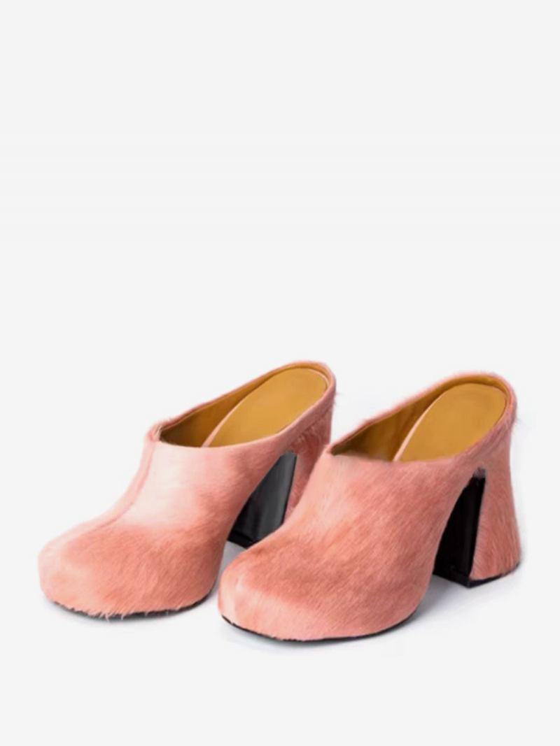 Sapatos Mules Pretos Femininos Com Pêlo Cavalo E Salto Cachorrinho - Rosa