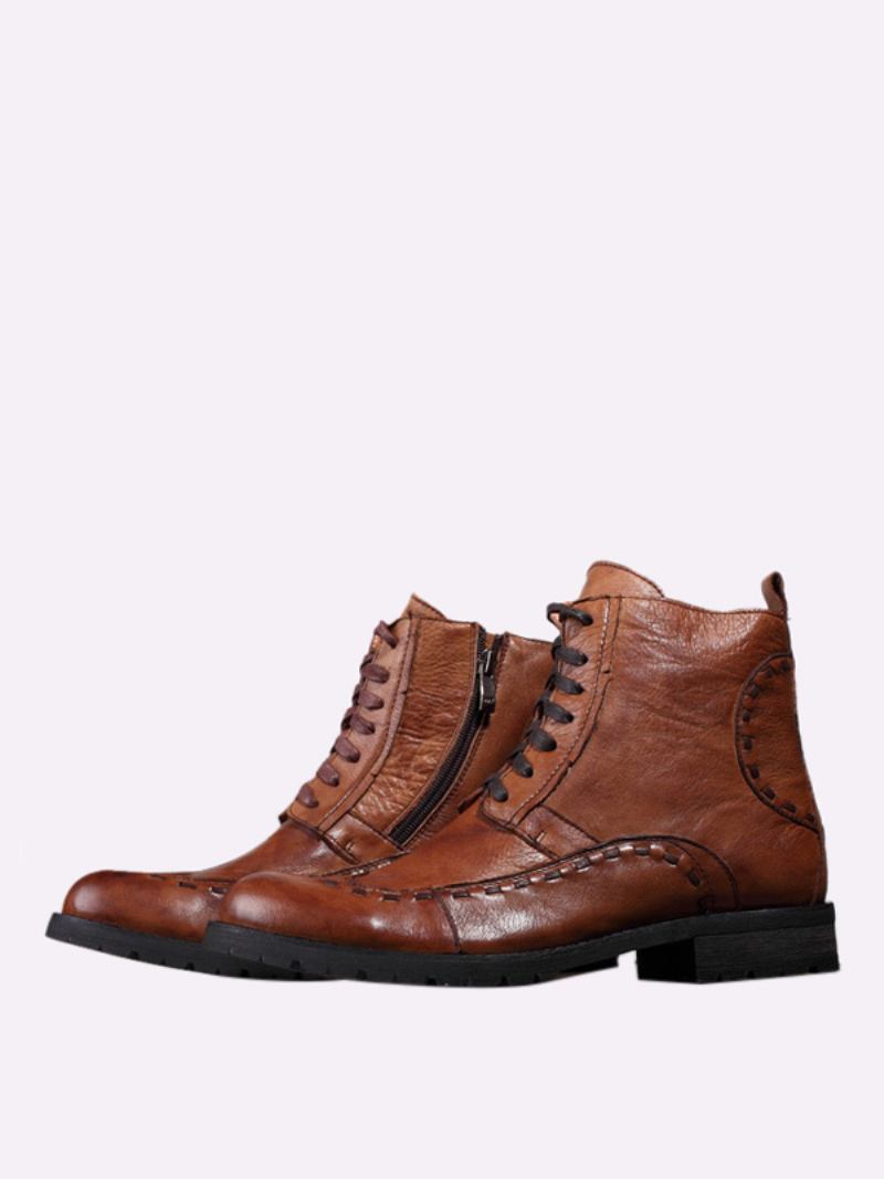 Bota Masculina Combate Martin Work Para Motocicleta Marrom Profundo Em Couro Bovino Redondo