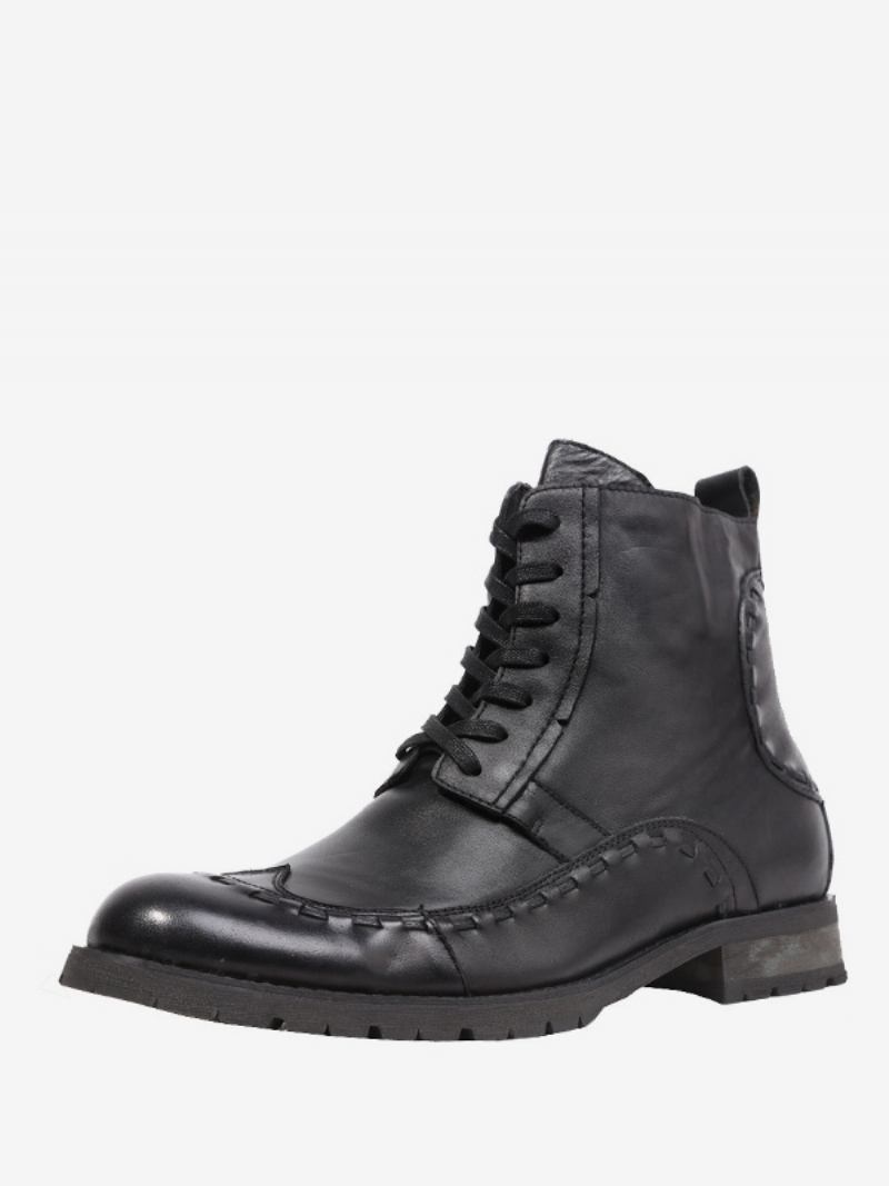 Bota Masculina Combate Martin Work Para Motocicleta Marrom Profundo Em Couro Bovino Redondo - Preto