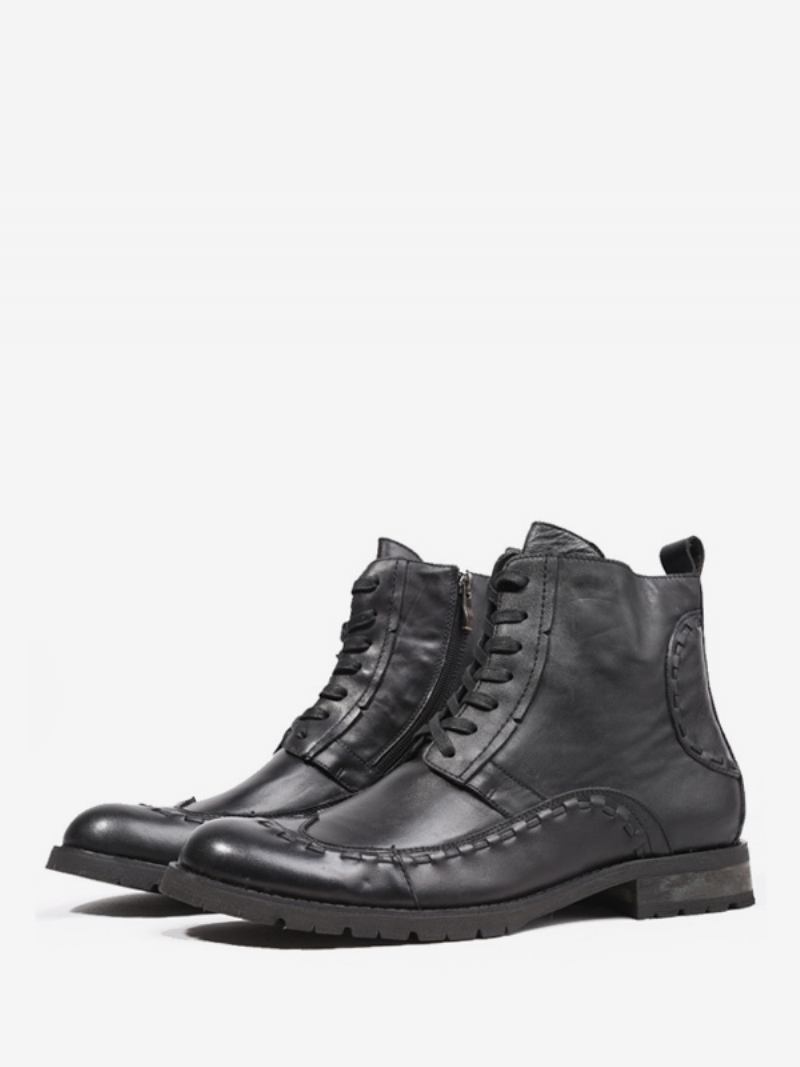 Bota Masculina Combate Martin Work Para Motocicleta Marrom Profundo Em Couro Bovino Redondo - Preto