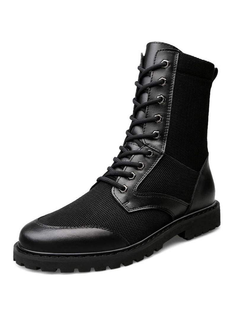 Botas Cano Médio Para Homens Fabulosas Pretas Couro Pu Com Bico Redondo E Cadarço