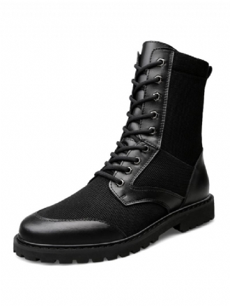 Botas Cano Médio Para Homens Fabulosas Pretas Couro Pu Com Bico Redondo E Cadarço